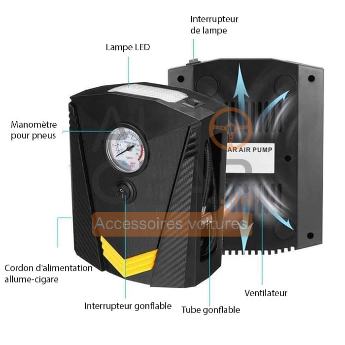 Compresseur gonfleur d'air 100 PSI manometre integré + lampe LED